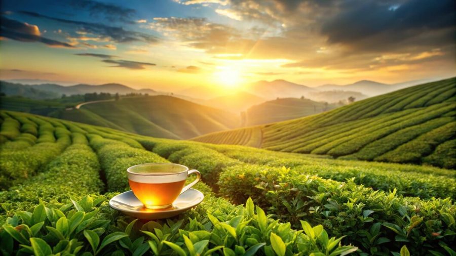 Refreshing Sun Kissed Relief Ceylon green tea jar with a teacup, mint leaves, and lemon on a sunlit wooden table with a tropical garden background.
