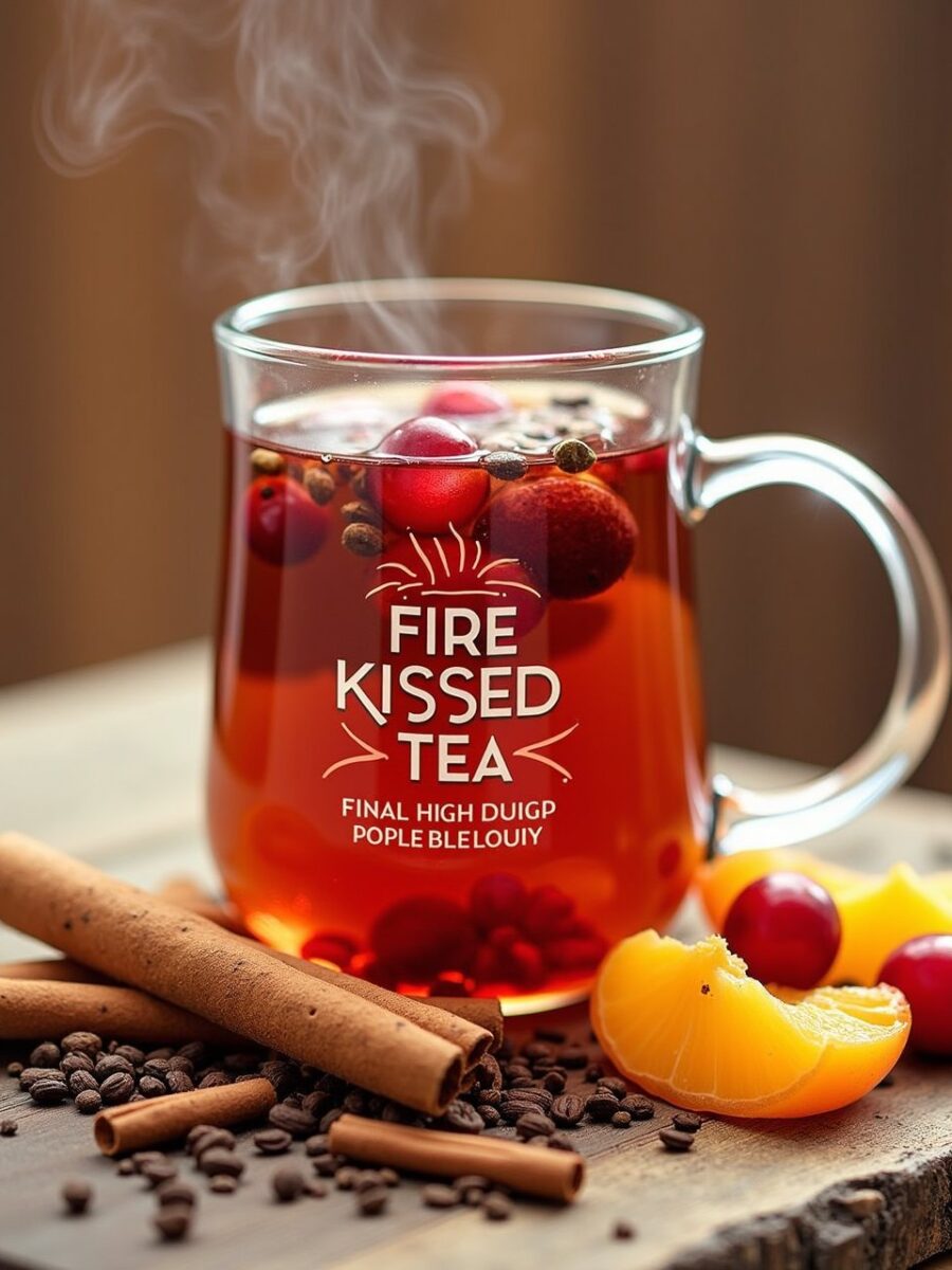 Bold Fire Kissed Relief Ceylon black tea tin with ginger and cinnamon, a mug of amber tea, and a cozy fireplace background.