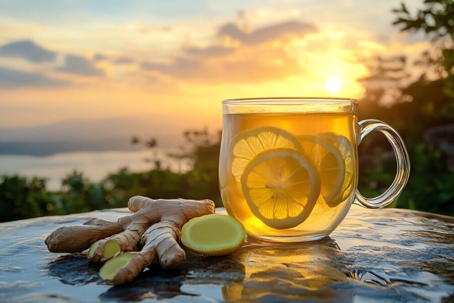 Refreshing Sun Kissed Relief Ceylon green tea jar with a teacup, mint leaves, and lemon on a sunlit wooden table with a tropical garden background.