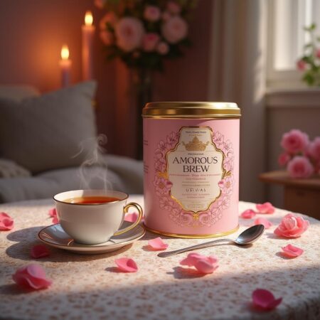 Luxurious Amorous Brew Ceylon black tea tin with rose petals and a teacup on a lace tablecloth in a romantic candlelit setting.