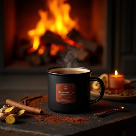 Bold Fire Kissed Relief Ceylon black tea tin with ginger and cinnamon, a mug of amber tea, and a cozy fireplace background.