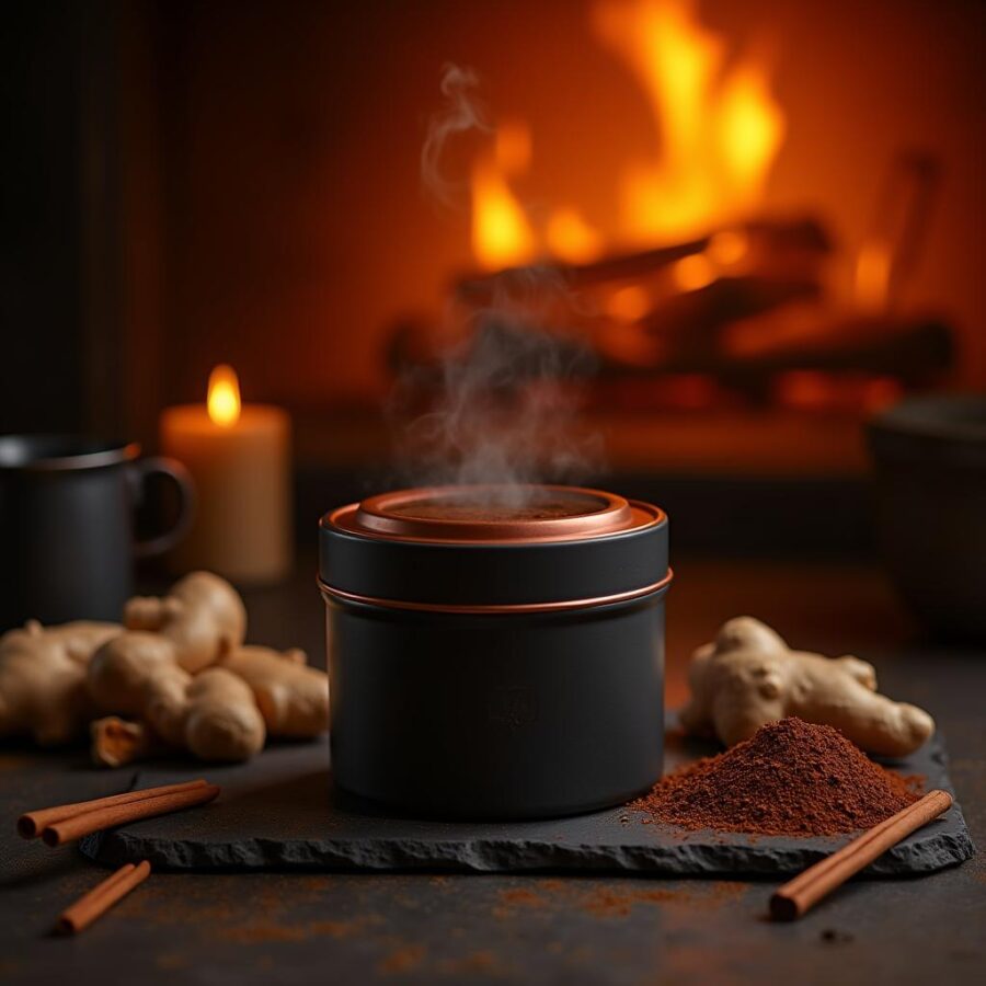 Bold Fire Kissed Relief Ceylon black tea tin with ginger and cinnamon, a mug of amber tea, and a cozy fireplace background.