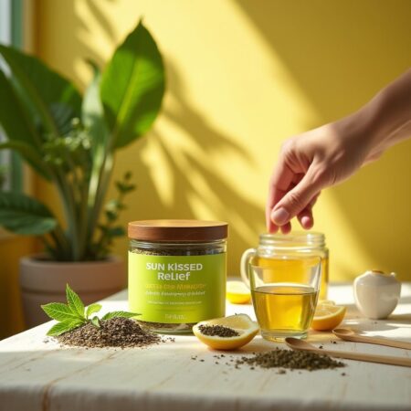 Refreshing Sun Kissed Relief Ceylon green tea jar with a teacup, mint leaves, and lemon on a sunlit wooden table with a tropical garden background.